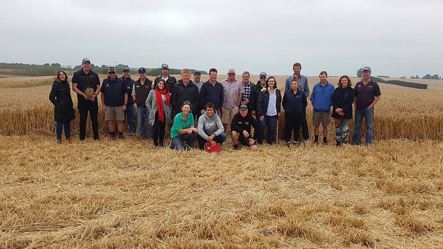 The grower tour group at the Timaru, New Zealand, property of Warren and Joy Darling, who hold the world record for wheat yield. 