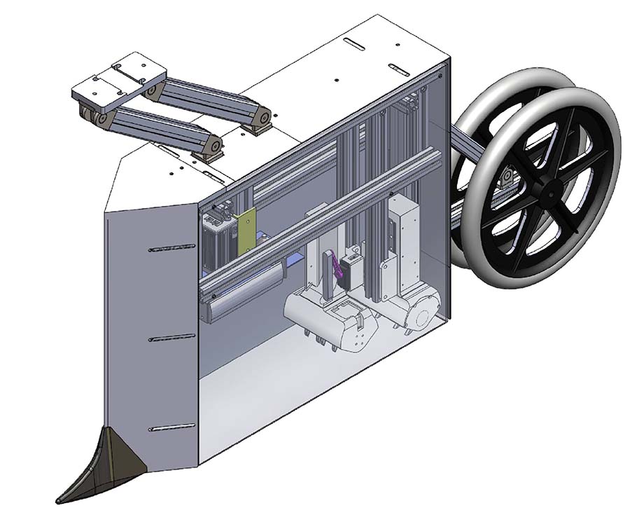 FIGURE 2 The non-chemical, site-specific weeding device is designed to operate in the inter-row spacing between grain crop rows. The drawing has the left panel removed to show the internal imaging system and weeding grinder. SOURCE Australian Centre for Field Robotics.