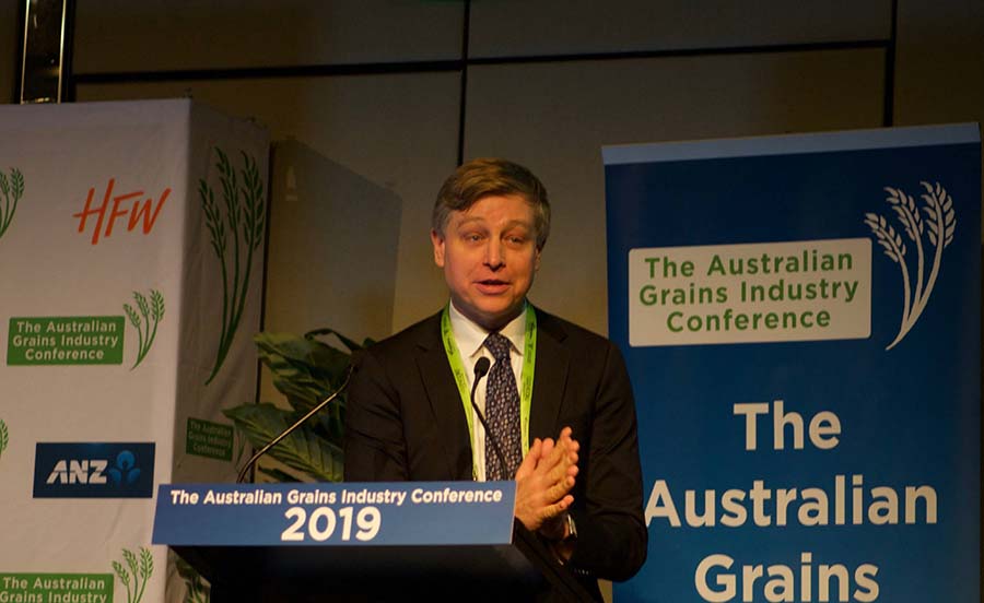 CME Group senior economist Erik Norland speaking at the 2019 Australian Grains Industry Conference. PHOTO Andrew Cooke