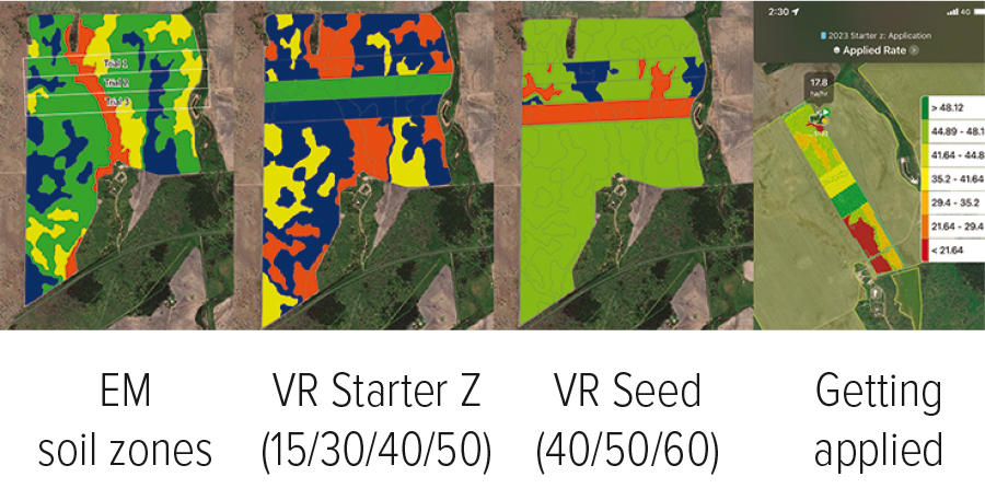 Four maps. Left to right are EM soil zones, variable rate starter Z, variable rate seed and the application map.