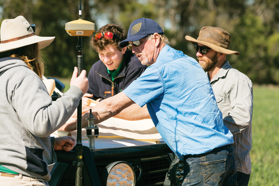 group reading maps out in the field