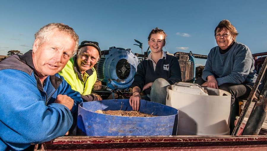 Kevin, left, Geoff, Kate and Louise Bond are tackling Mallee seeps with a range of management strategies on their family property at Mannum, South Australia.