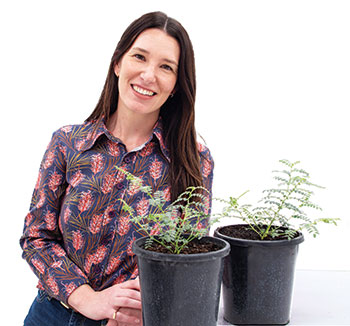 Photo of Millicent Smith standing next to chickpea plants in pots