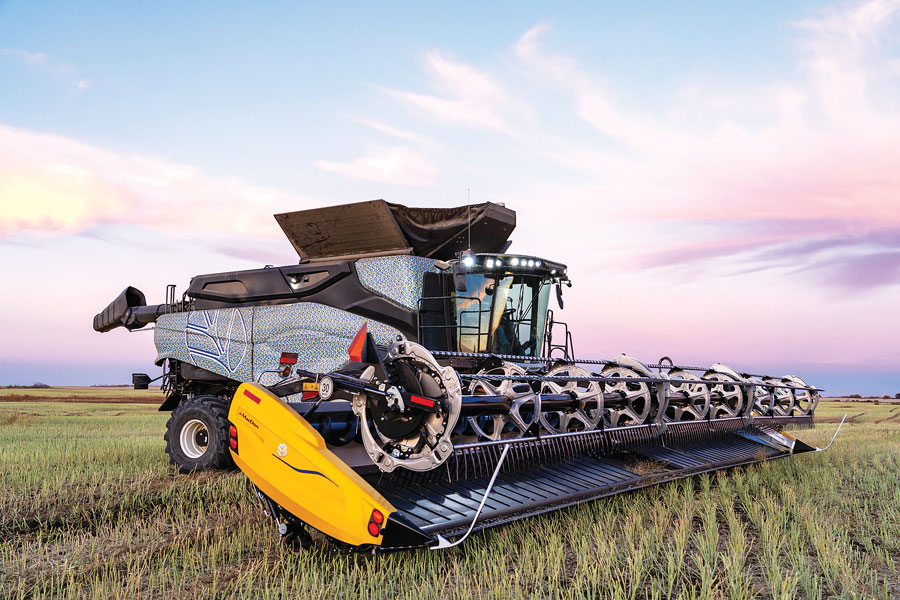 The twin-rotor New Holland CR11 combine harvester at work.