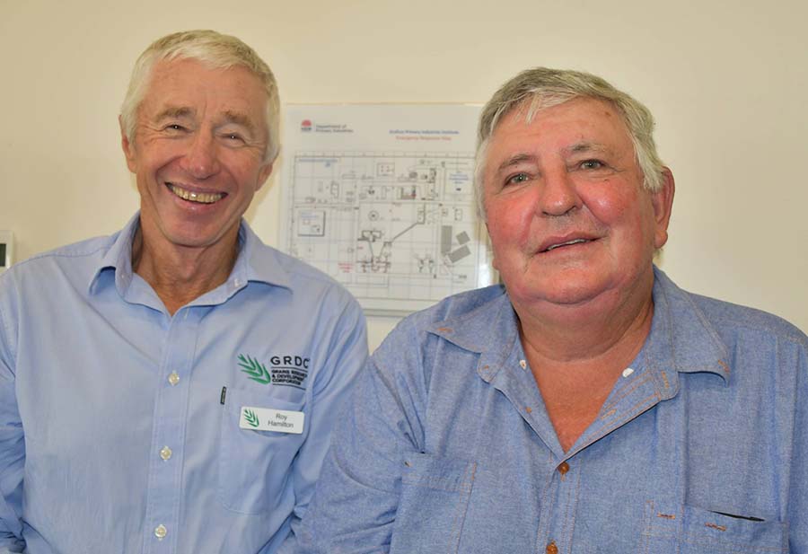 GRDC Northern Panel member and Riverina grain grower Roy Hamilton, left, with grower Alan Munro, from Woodford Island in the NSW northern rivers region.