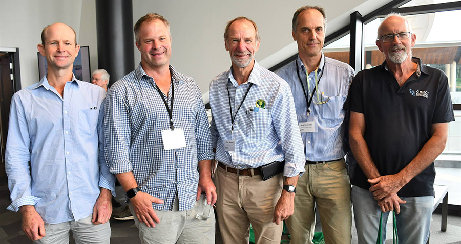 Larn McMurray, left, of Global Grain Genetics, Andrew Ware, of EPAG Research in Port Lincoln, Clare consultant Allan Mayfield, Jack Desbiolles, of the University of SA and Port Germein grower Barry Mudge.