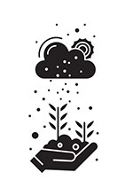 Black and white illustration of hand holding soil and plants and a raincloud and sun above