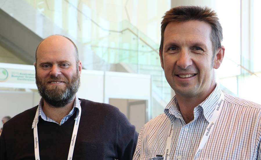 Dr Joe Eyre (left) and Surat, Queensland, grower Andrew Milla at the 2019 Summer Grains Conference. PHOTO Rebecca Thyer