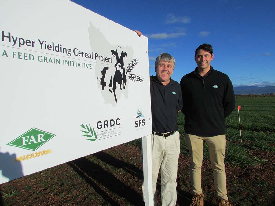 Nick Poole (left) and Darcy Warren from FAR Australia at the GRDC Hyper Yielding Cereals Project field research site at Hagley in Tasmania. Photo: GRDC