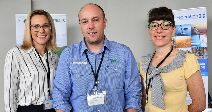 Allison Pearson, left, GRDC's Agronomy and Farming Systems Manager – South, with Nathan Robinson, of Federation University, Ballarat (Victoria) and Amie Sexton, of Federation University, Ballarat (Victoria).