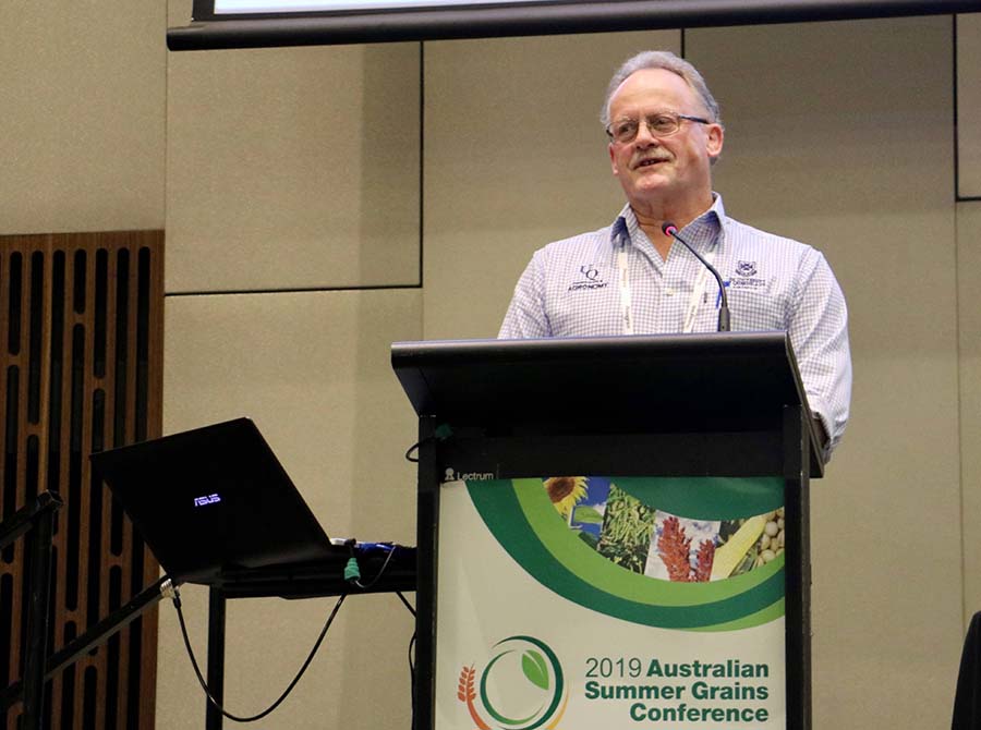 Professor Mike Bell outlined trial work on enhanced efficiency fertilisers at the 2019 Australian Summer Grains Conference. PHOTO Rebecca Thyer 