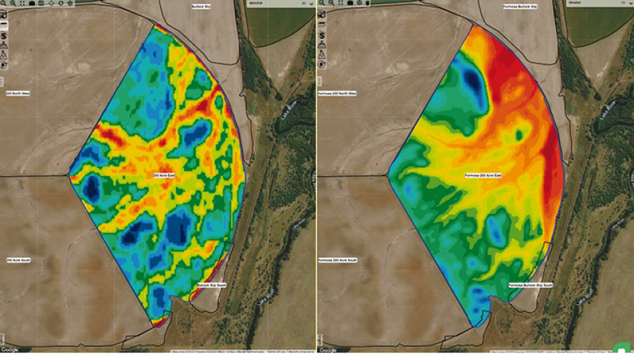 Two paddocks where different variations are showing different results. Both maps vary in colour from dark blue to red.