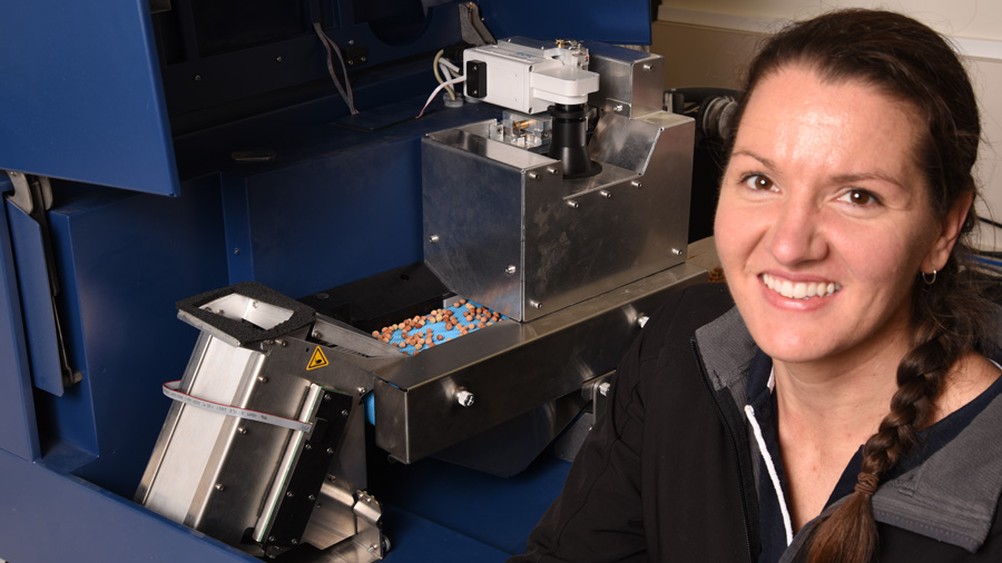 Agriculture Victoria research scientist Linda McDonald with a grain image analyser