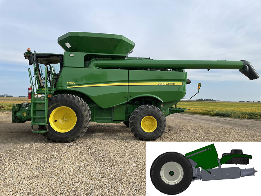 A photo of a John Deere harvester and the location of the Weed Seed Destroyer and how it would be positioned. It would be positioned under the sieve section and behind the back wheel.