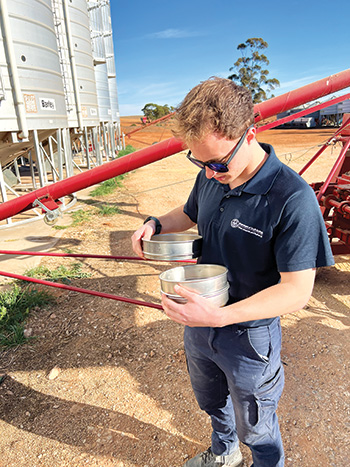 South Australian grains biosecurity officer (PIRSA) Jordan Scott sieving stored grain for insects. 