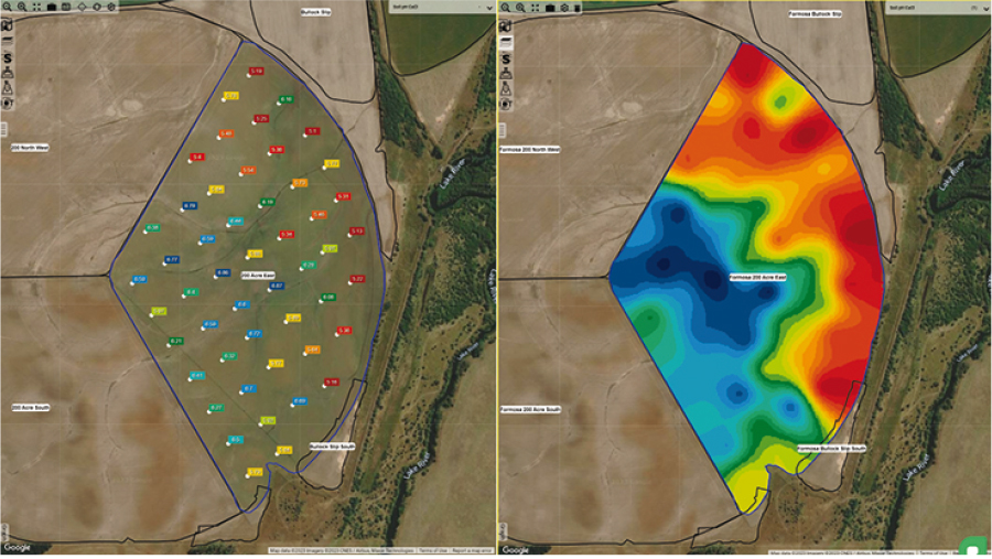 two different maps of the same paddock. one showing soil sampling locations in different colours and the other showing the variation of soil pH across the paddock.