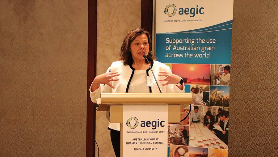 Dr Larisa Cato speaks at the Australian Wheat Quality Technical Seminar in Jakarta, Indonesia, this year. PHOTO AEGIC